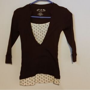Currants Brown and White Long Sleeved Layered Top Size S